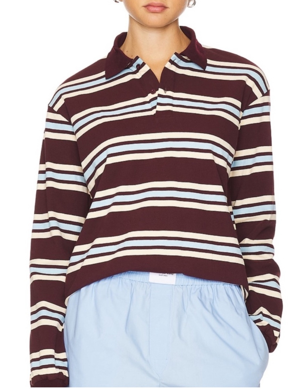 Lioness Leisure Stripe Long Sleeve Cotton Polo Shirt in Chocolate Brown, Medium